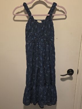 Girls' Dark Blue Floral Tiered Sundress with Smocked Straps 014